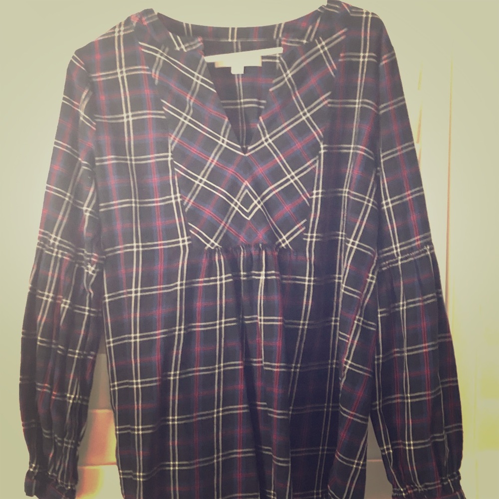 Blue and red plaid balloon sleeve shirt